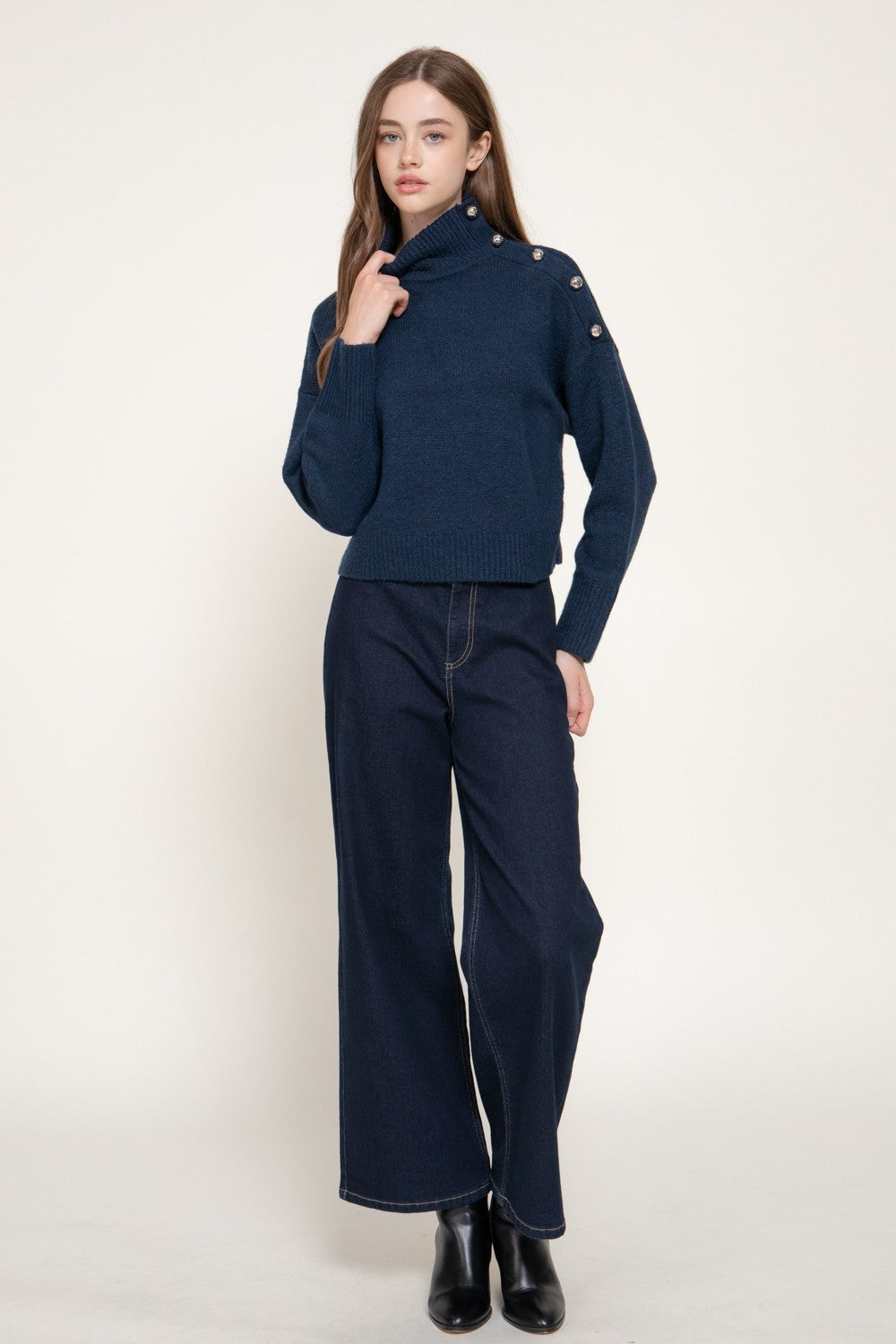 Long Slv High Neck Metal Buttoned Sweater