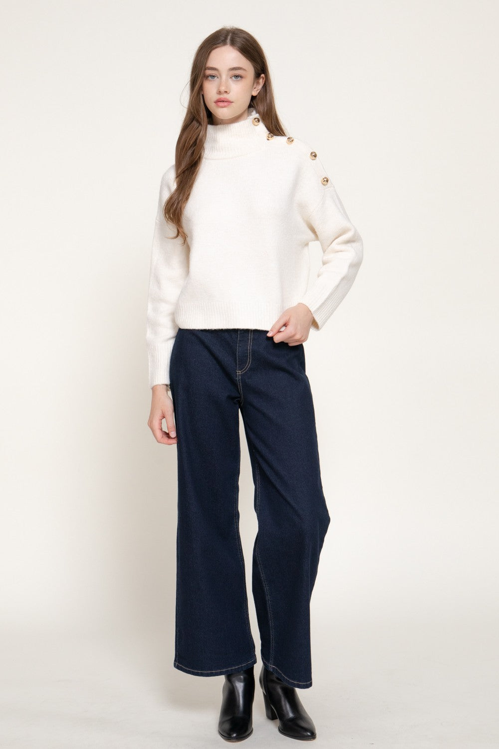 Long Slv High Neck Metal Buttoned Sweater