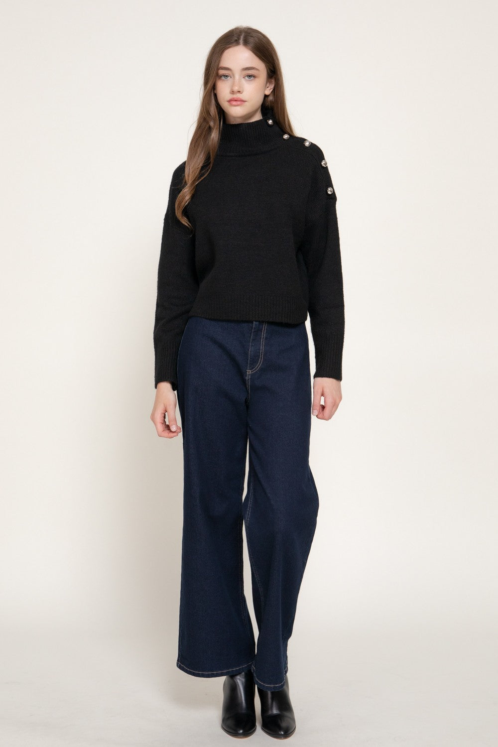 Long Slv High Neck Metal Buttoned Sweater