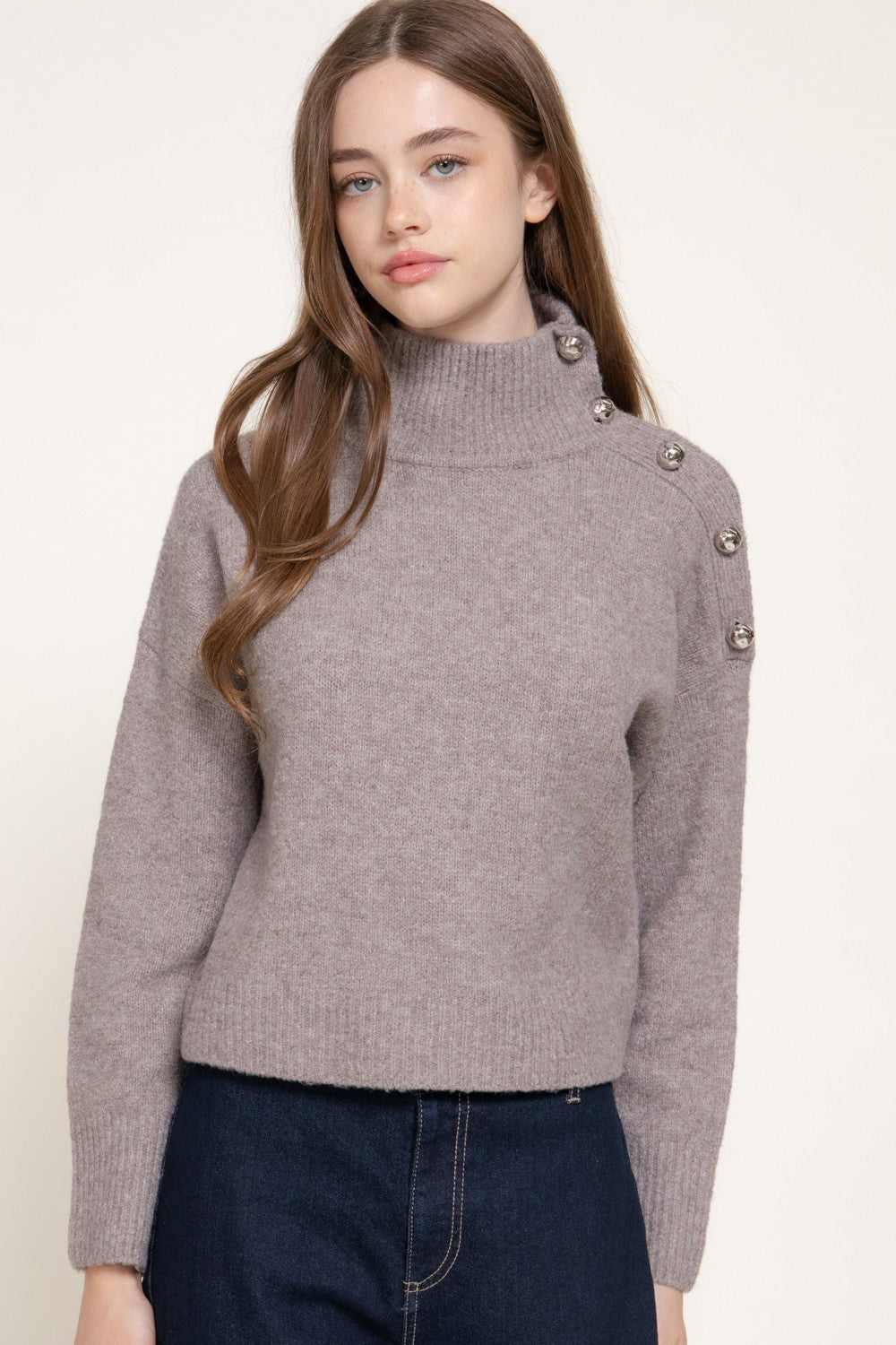 Long Slv High Neck Metal Buttoned Sweater