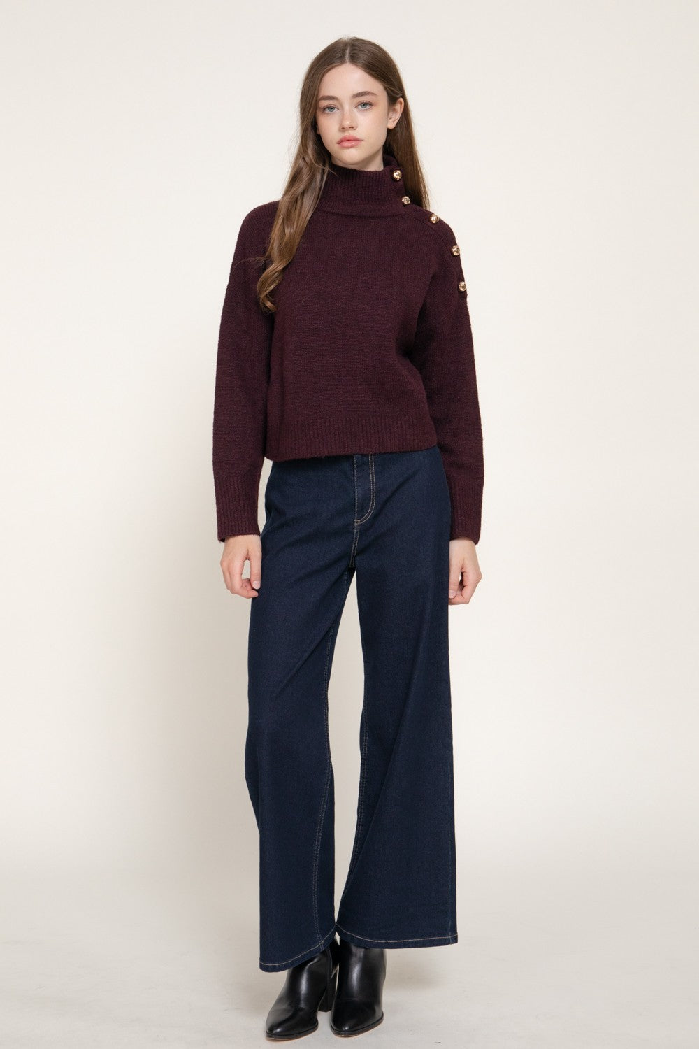 Long Slv High Neck Metal Buttoned Sweater