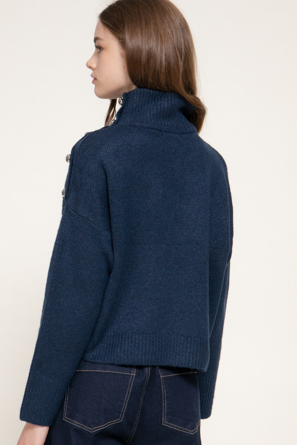 Long Slv High Neck Metal Buttoned Sweater