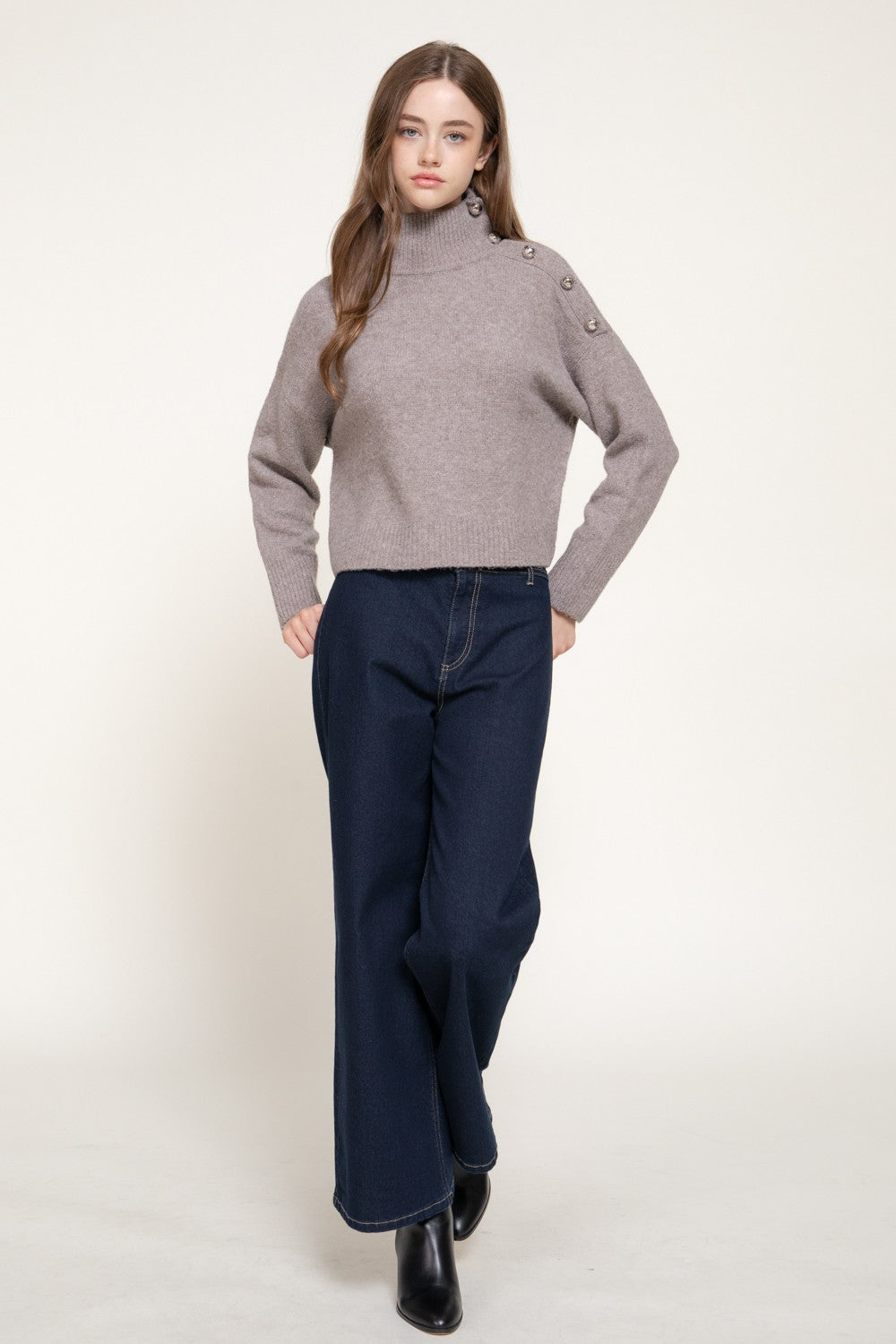 Long Slv High Neck Metal Buttoned Sweater
