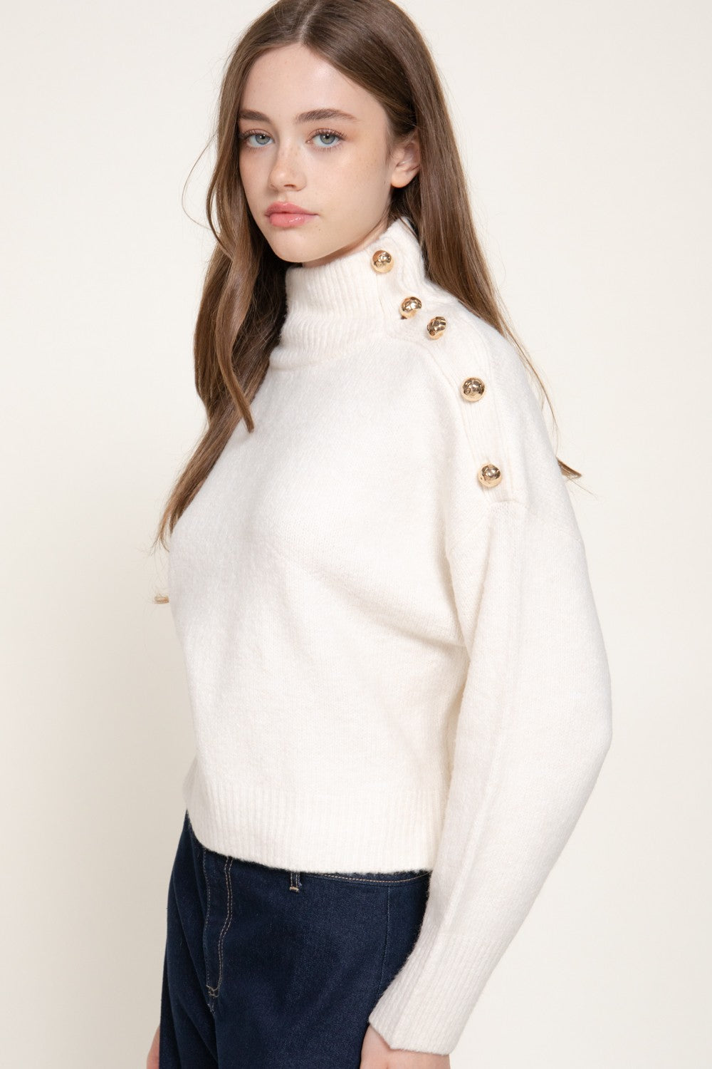 Long Slv High Neck Metal Buttoned Sweater