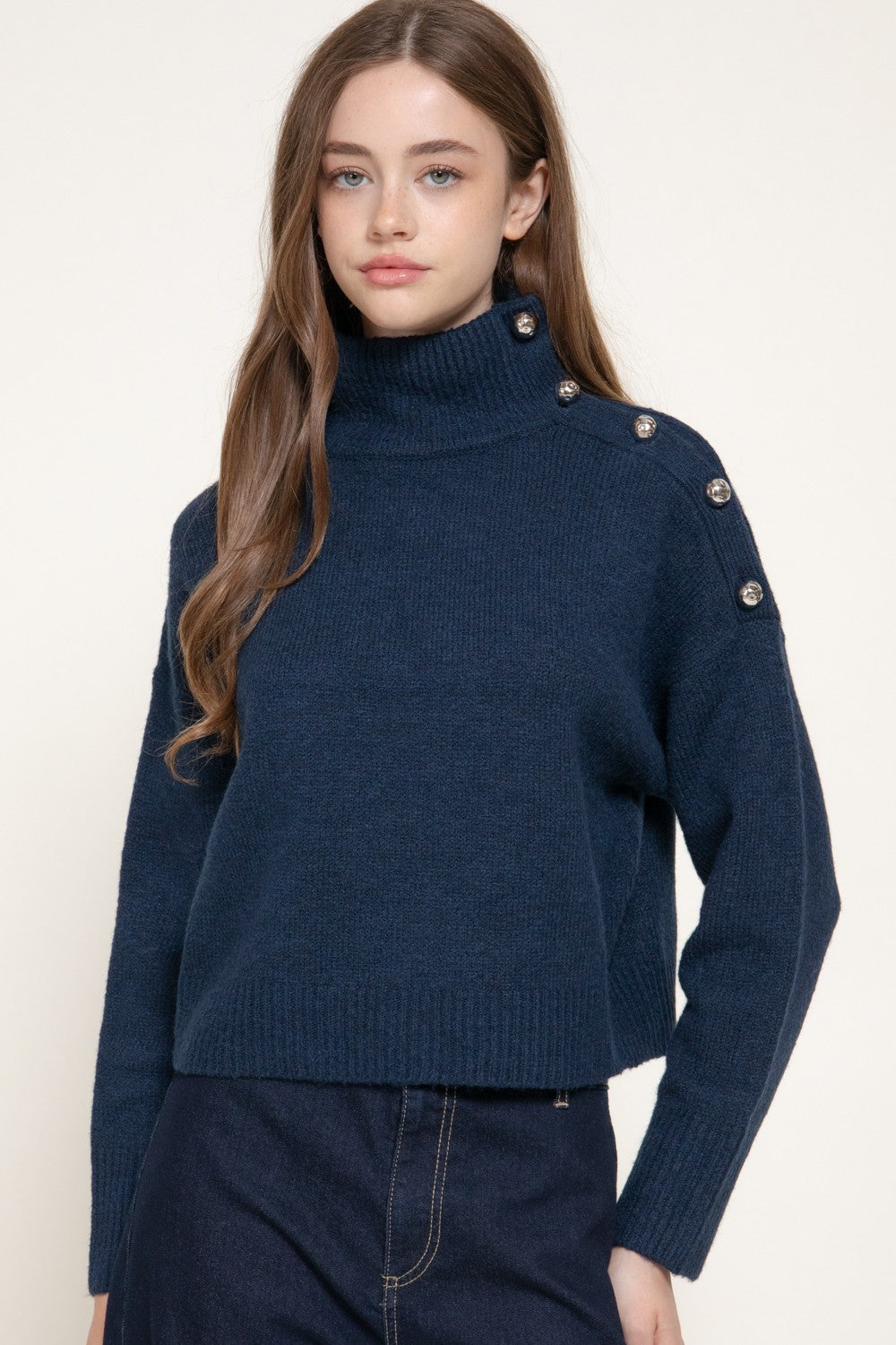 Long Slv High Neck Metal Buttoned Sweater