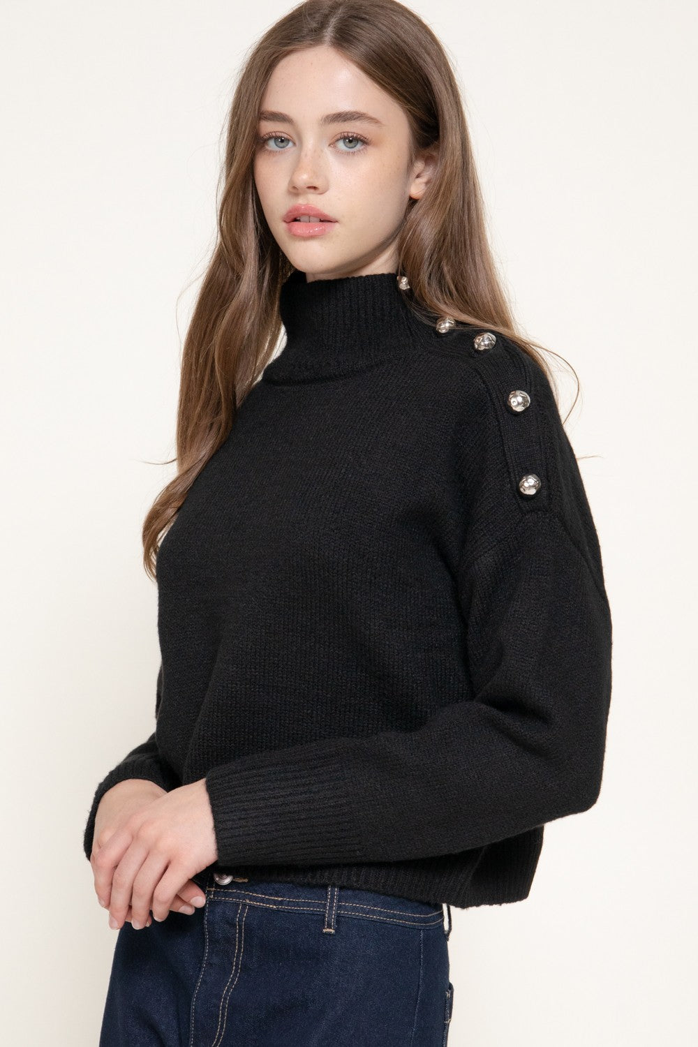 Long Slv High Neck Metal Buttoned Sweater