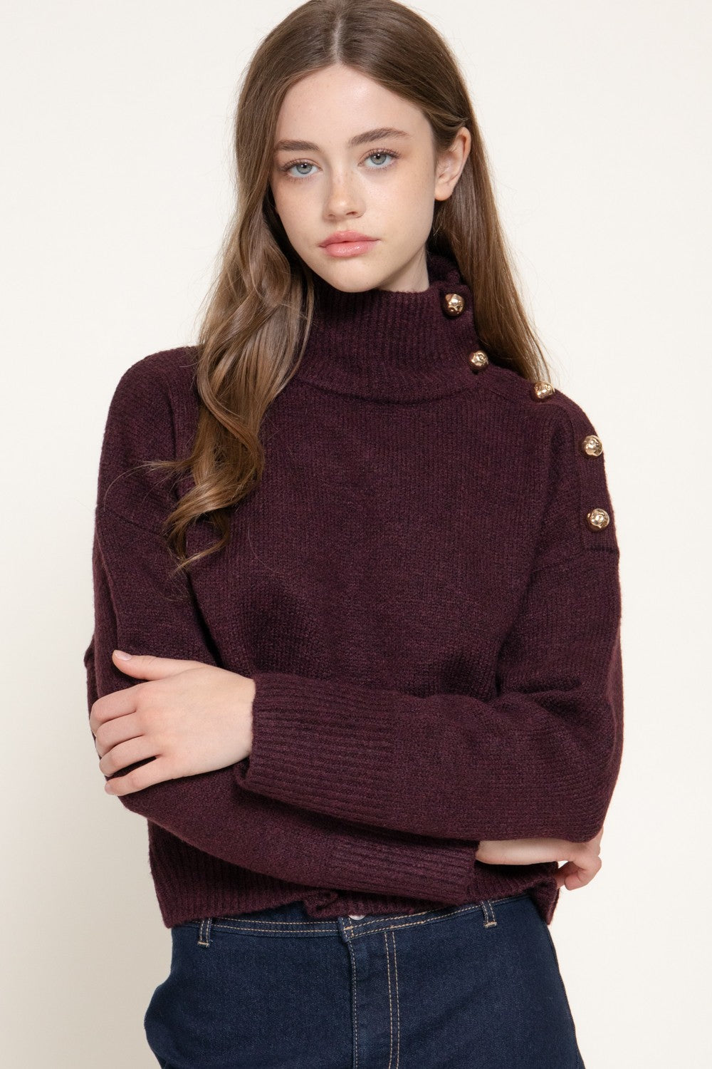 Long Slv High Neck Metal Buttoned Sweater