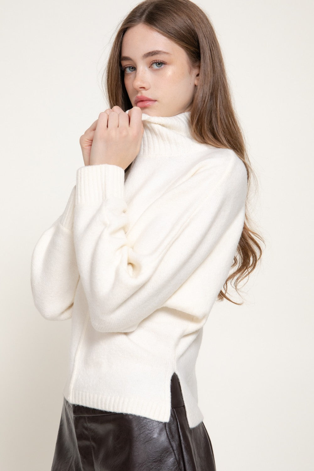 Long Slv High Neck Sweater Top