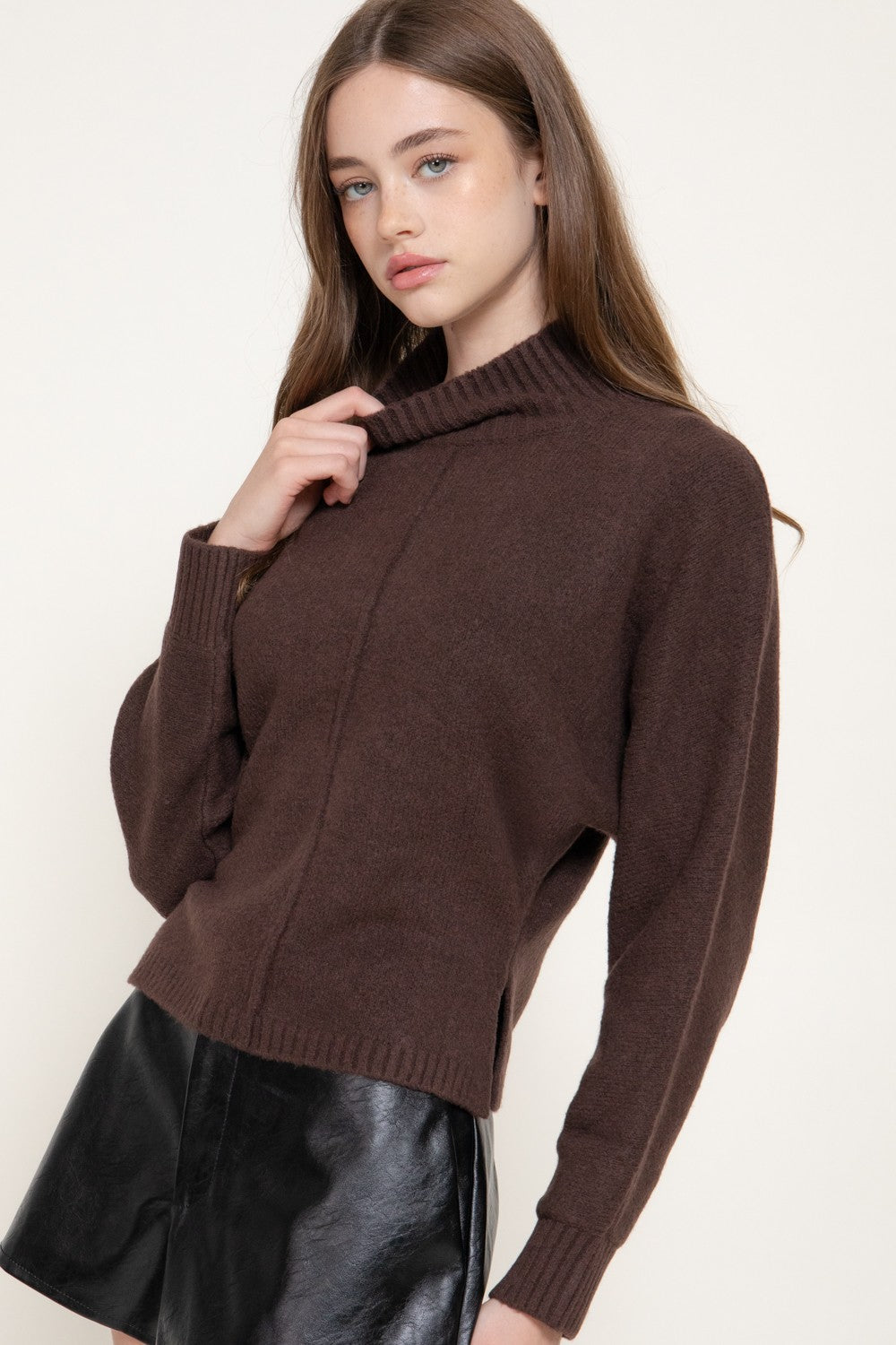 Long Slv High Neck Sweater Top
