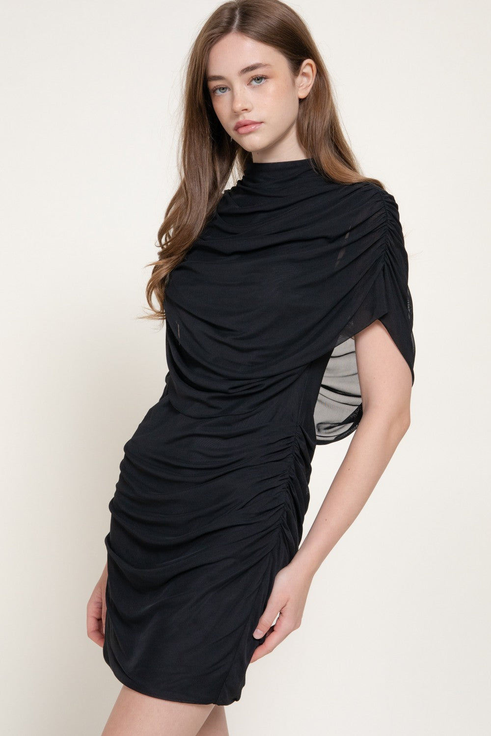 High Neck Shoulder Drape Mesh Mini Dress