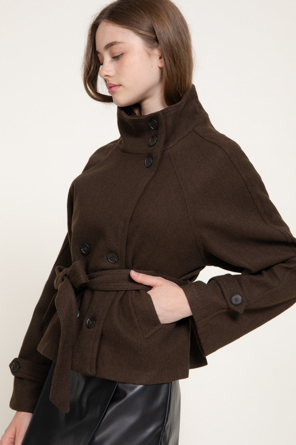 Double Breasted Button Belted Felt Jacket