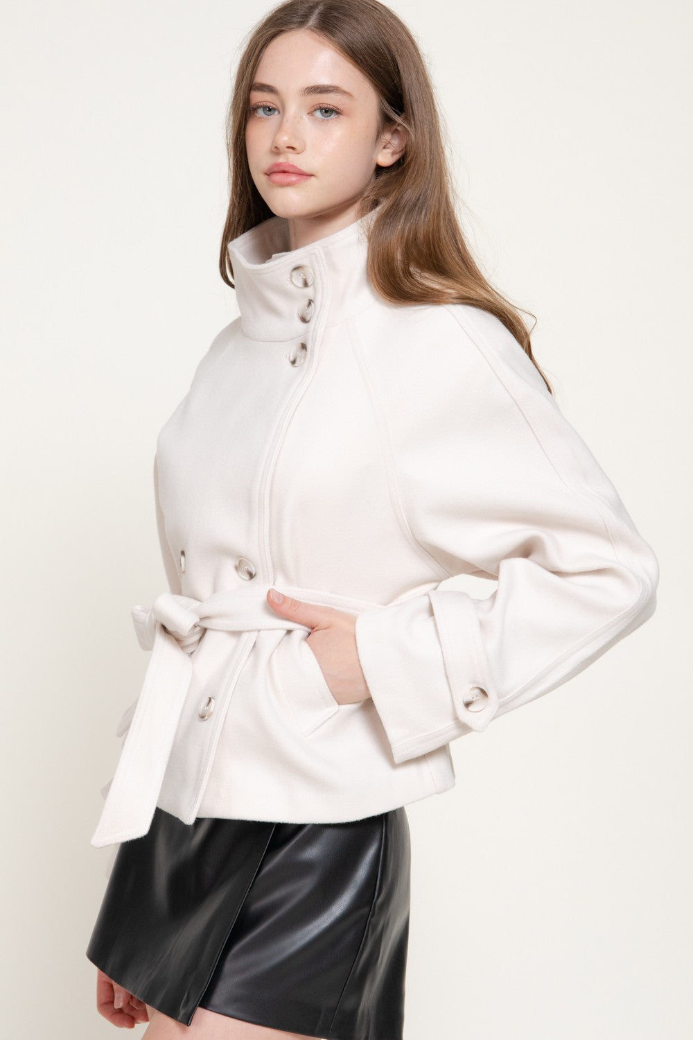 Double Breasted Button Belted Felt Jacket