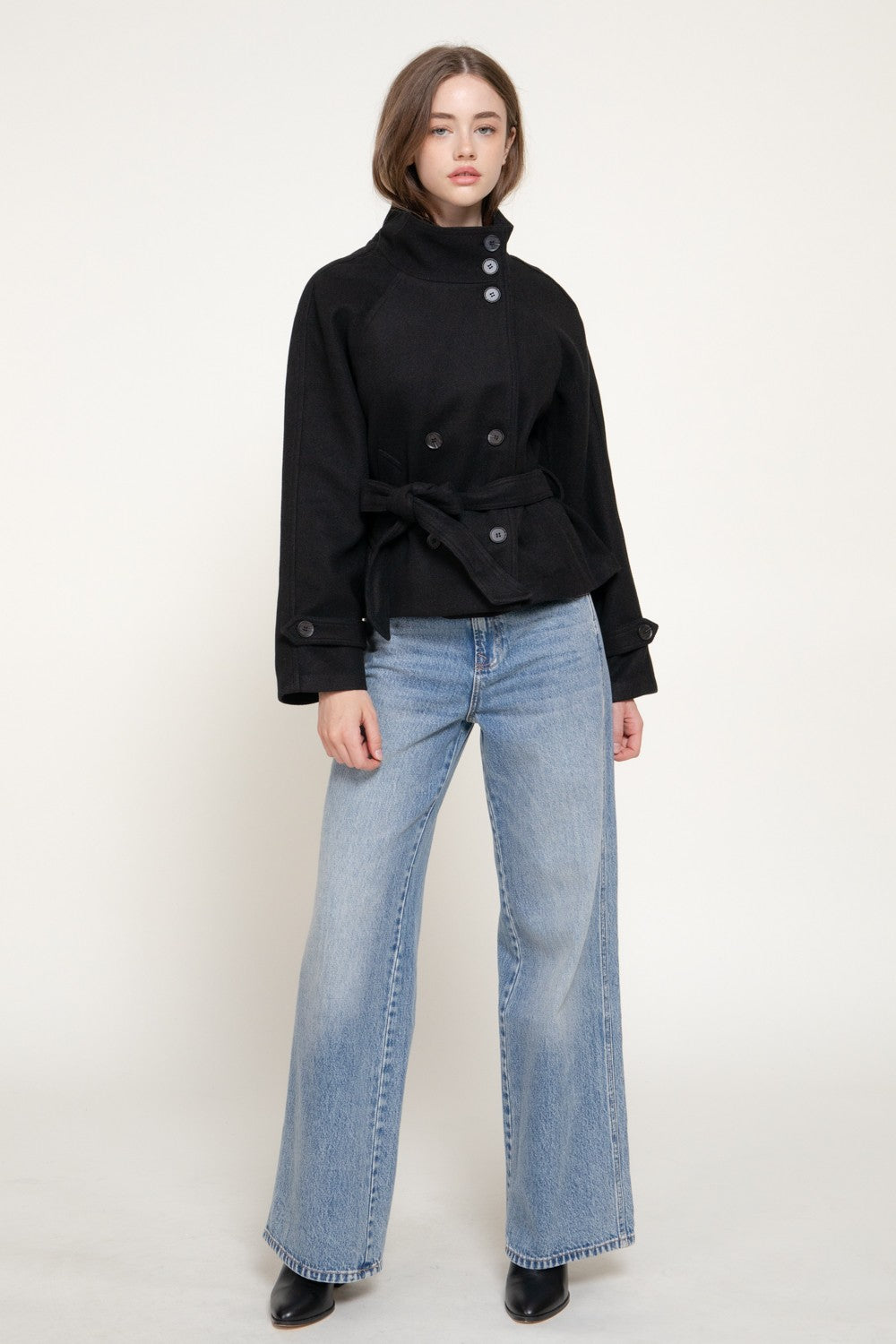 Double Breasted Button Belted Felt Jacket