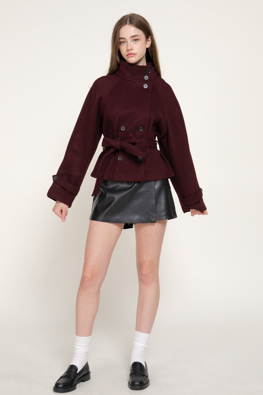 Double Breasted Button Belted Felt Jacket