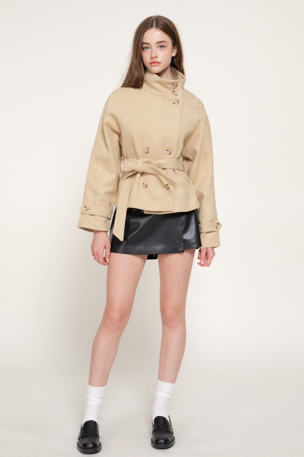 Double Breasted Button Belted Felt Jacket