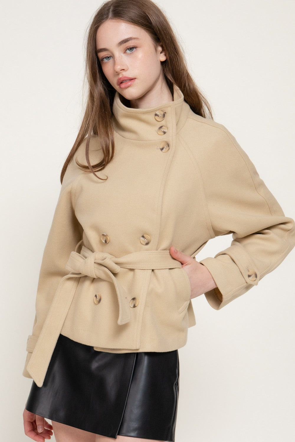 Double Breasted Button Belted Felt Jacket