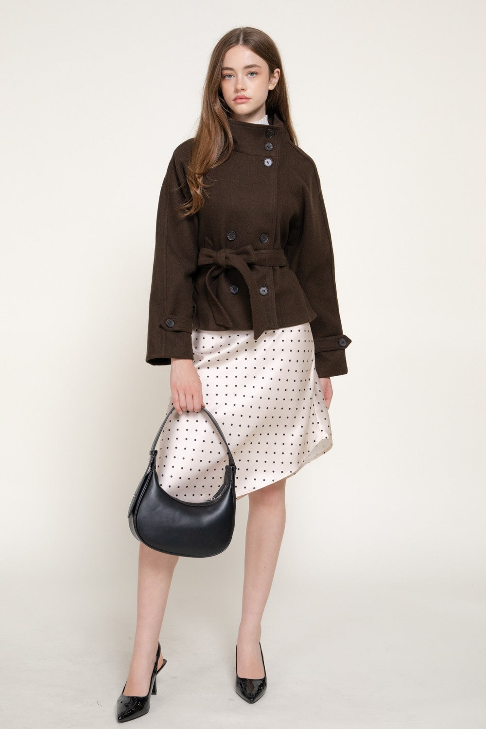 Double Breasted Button Belted Felt Jacket