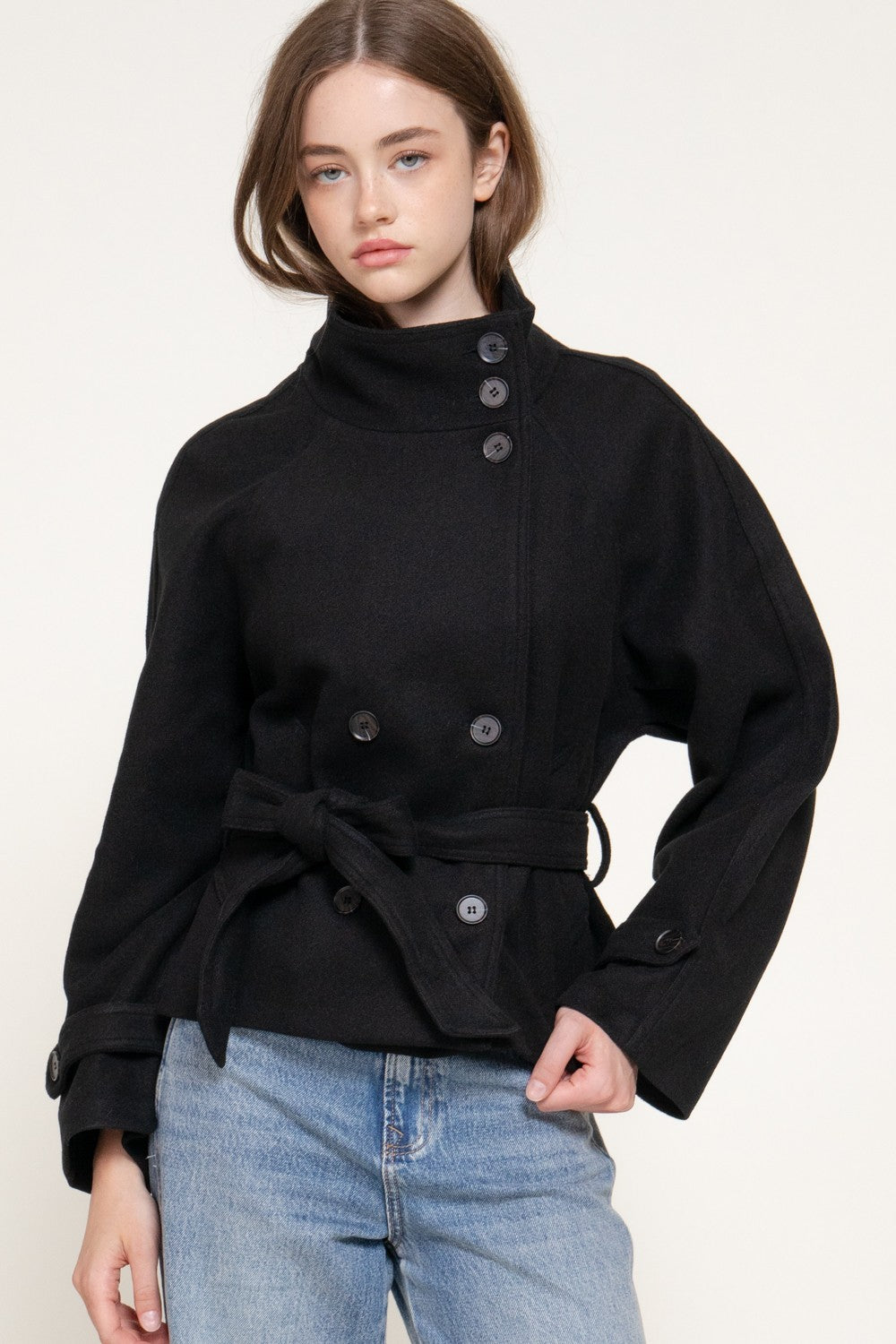 Double Breasted Button Belted Felt Jacket