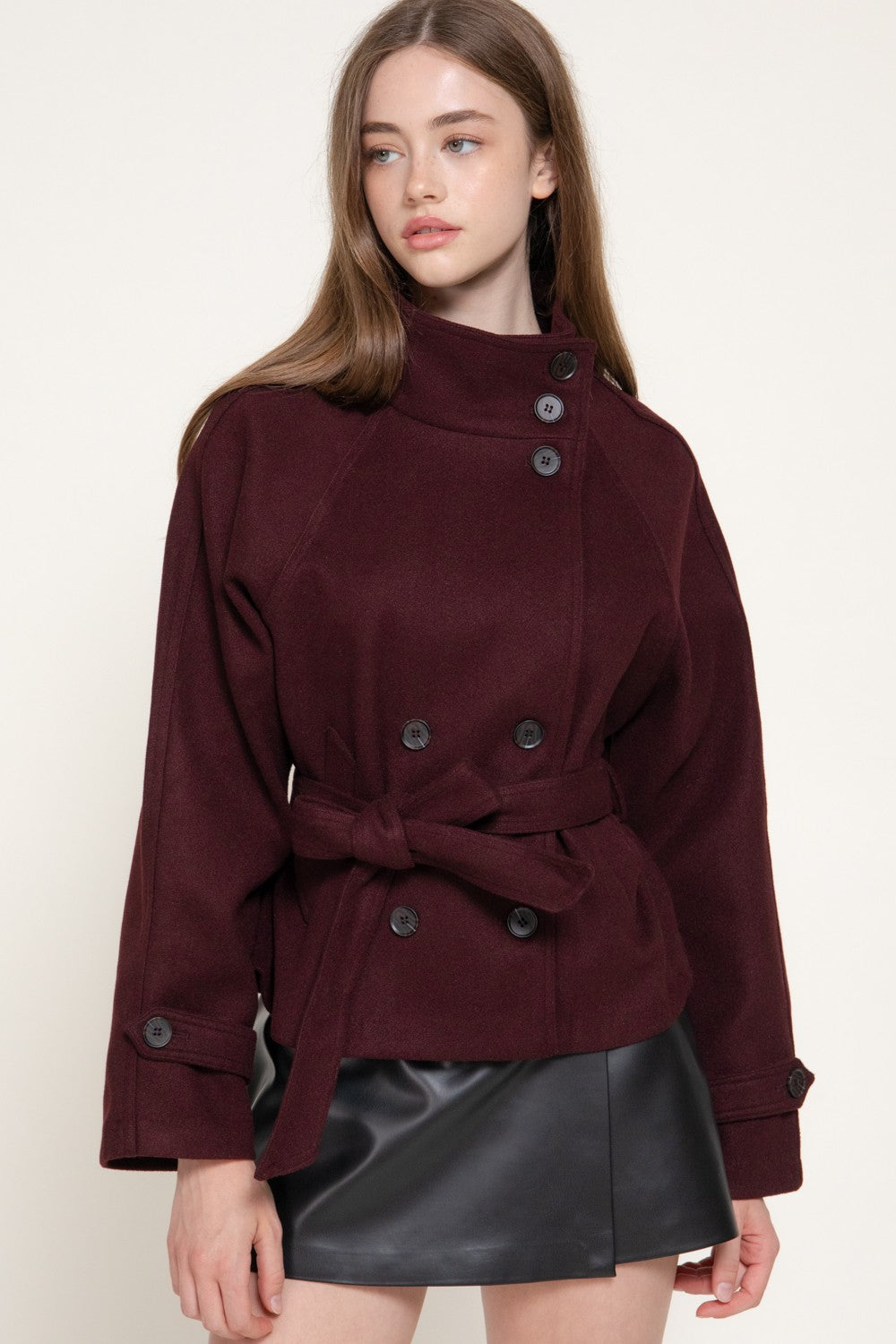 Double Breasted Button Belted Felt Jacket