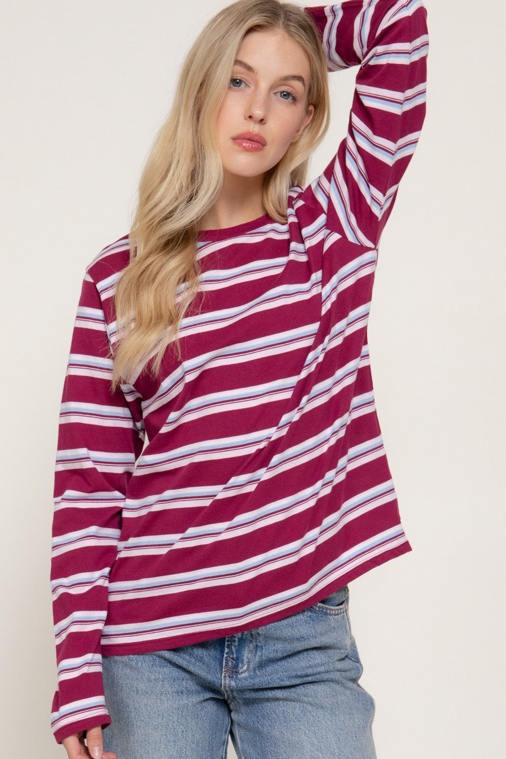 Long Slv Y/d Multi Striped Knit Top