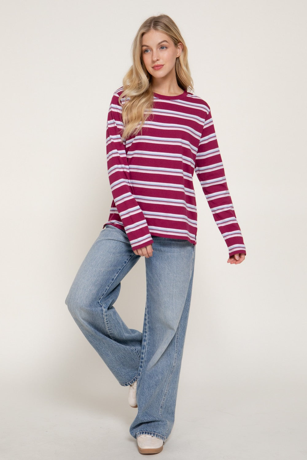 Long Slv Y/d Multi Striped Knit Top