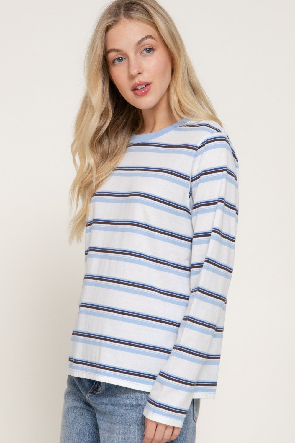 Long Slv Y/d Multi Striped Knit Top