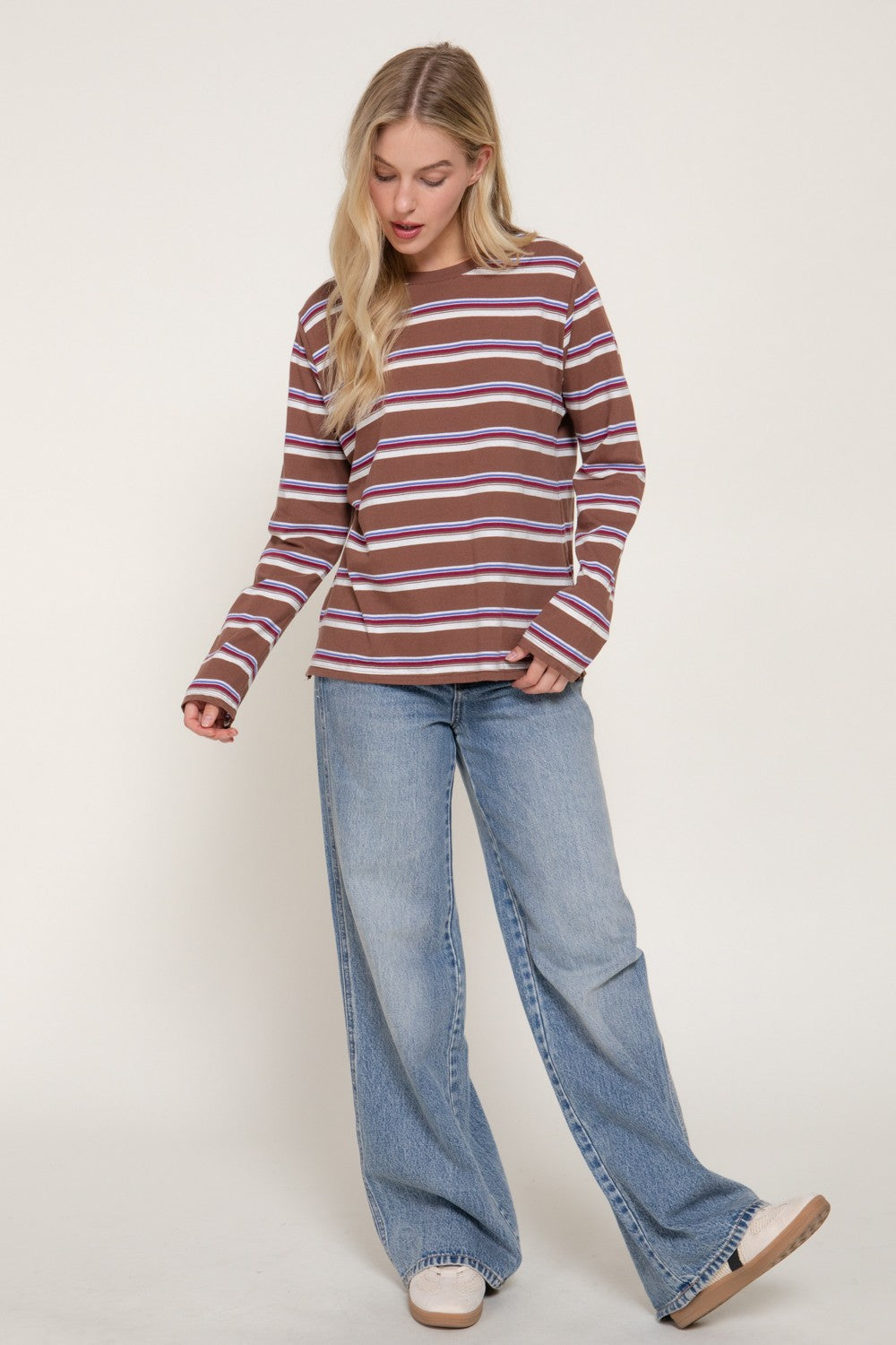 Long Slv Y/d Multi Striped Knit Top