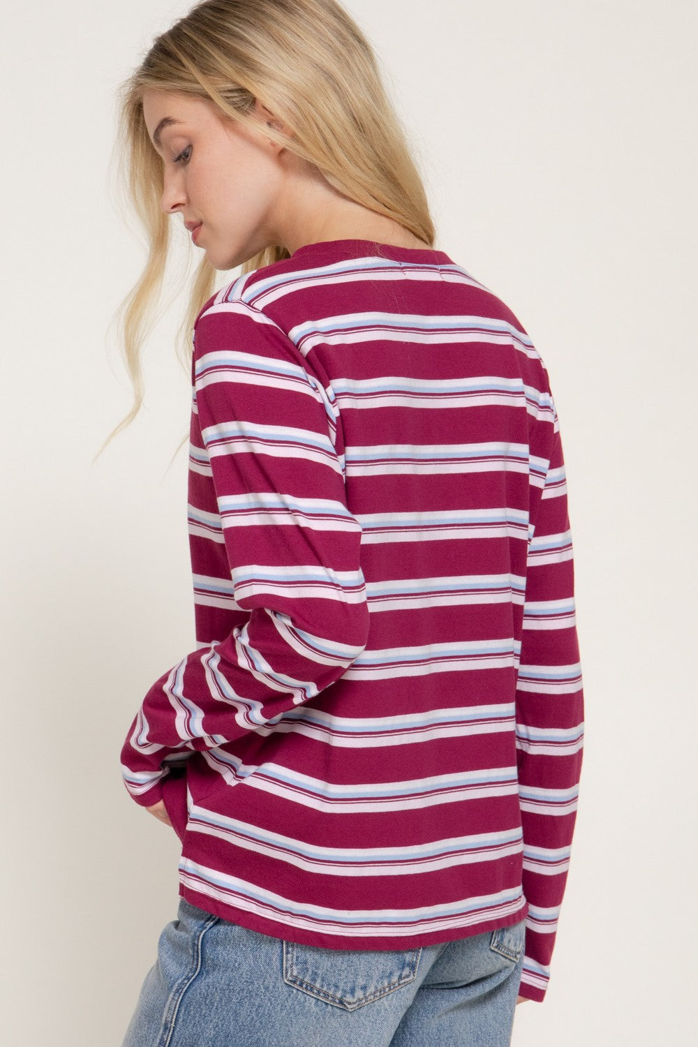 Long Slv Y/d Multi Striped Knit Top