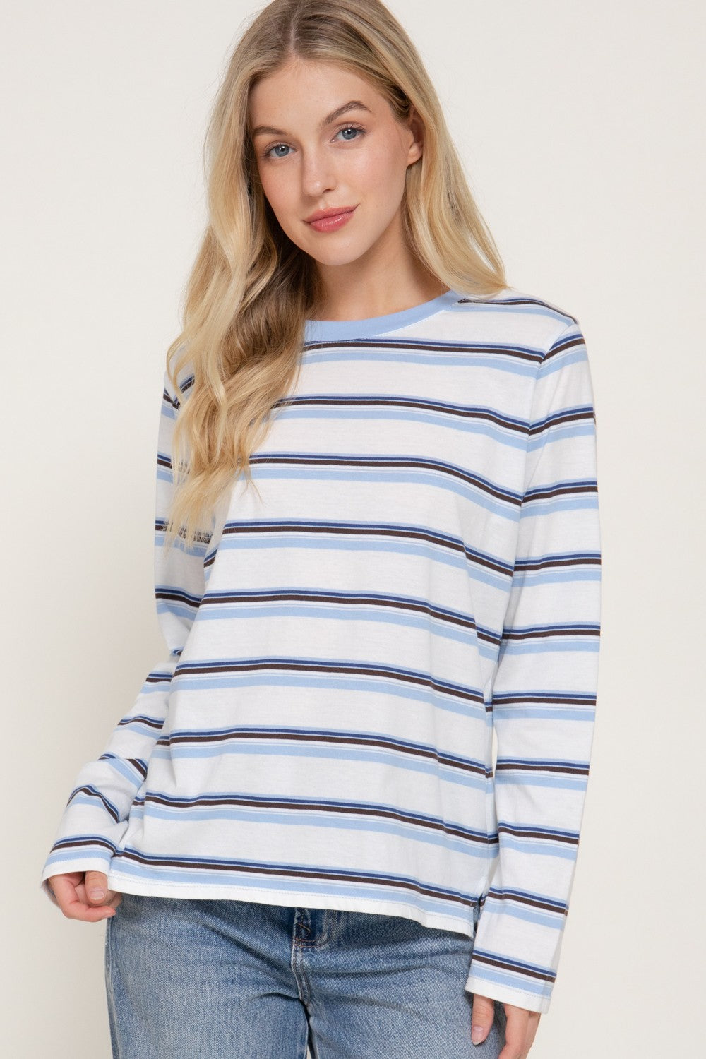 Long Slv Y/d Multi Striped Knit Top
