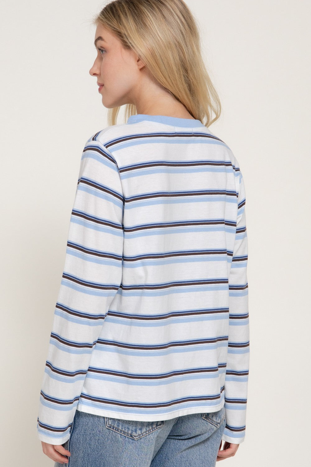 Long Slv Y/d Multi Striped Knit Top