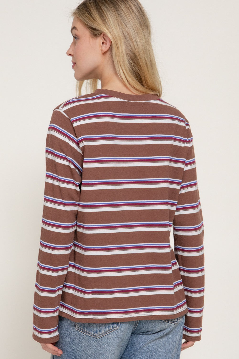 Long Slv Y/d Multi Striped Knit Top