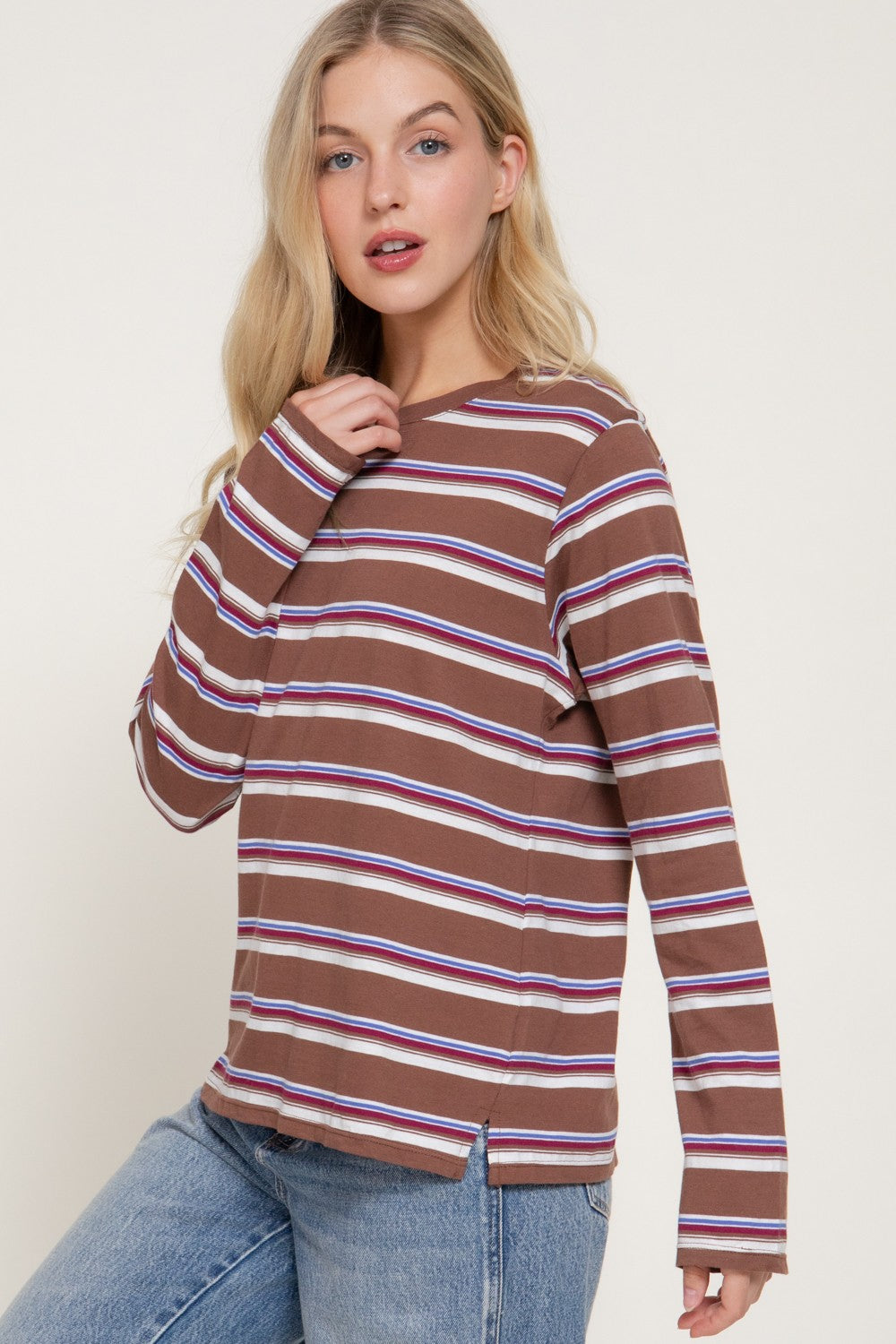 Long Slv Y/d Multi Striped Knit Top