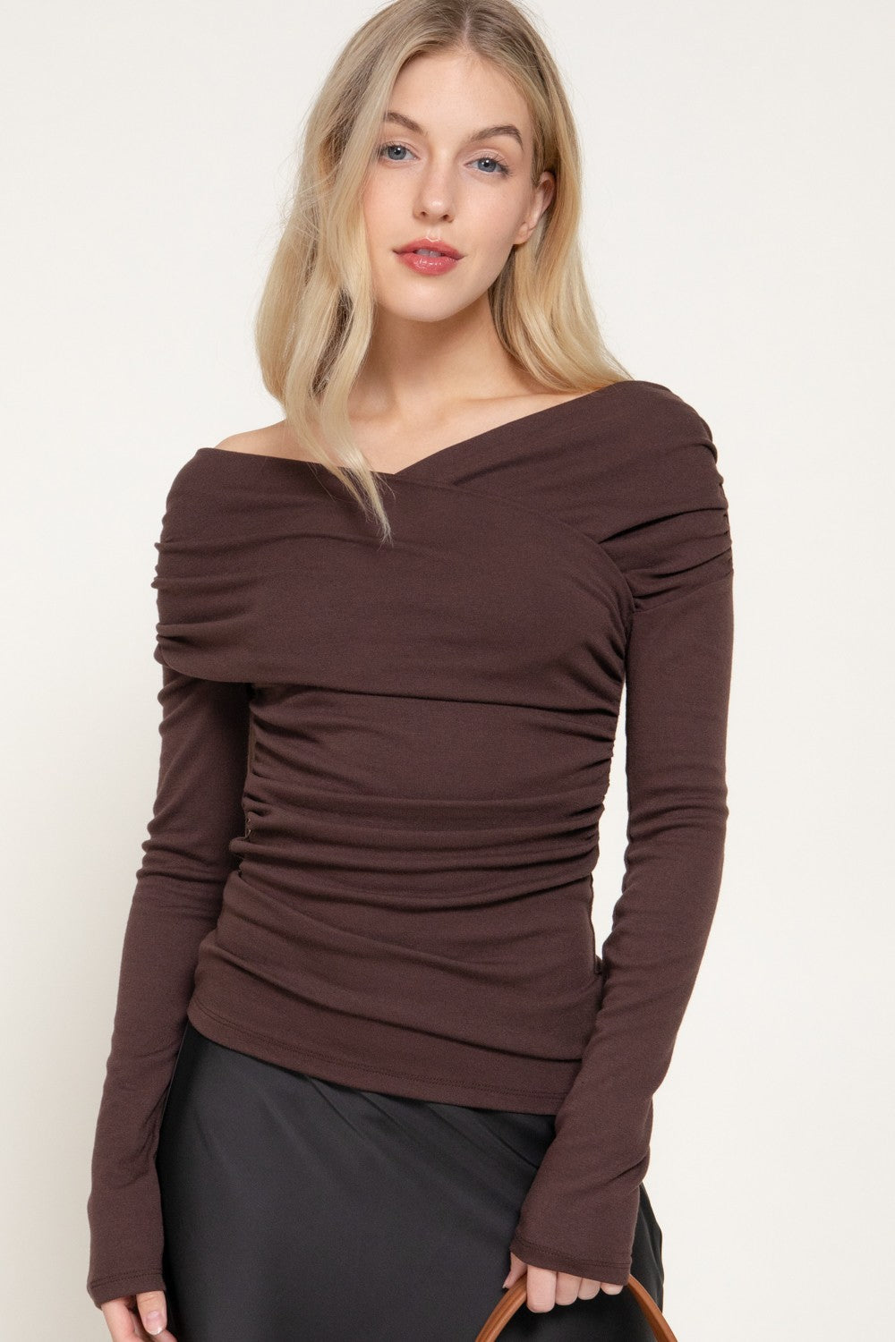 Long Slv Wrap Neckline Draped Knit Top