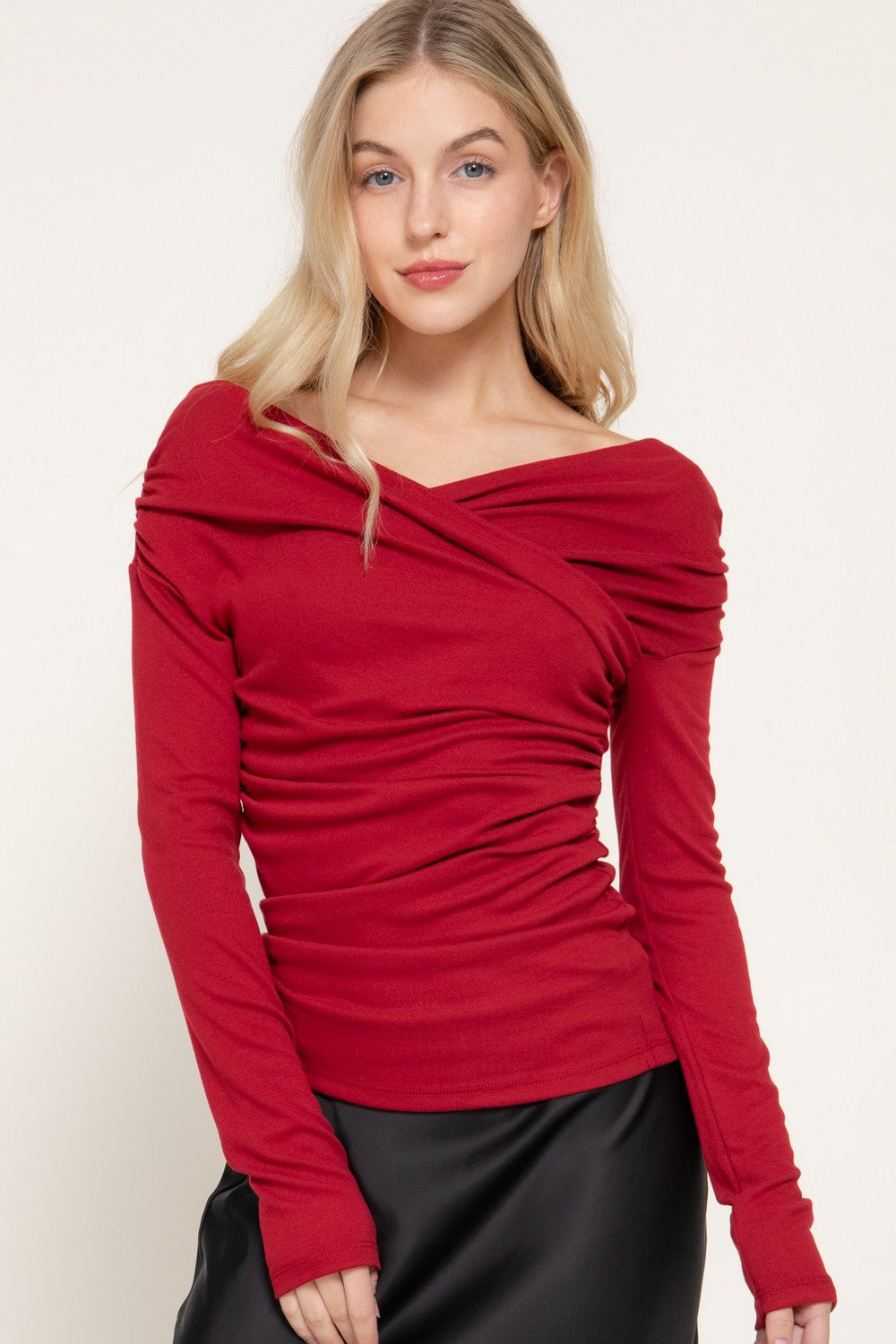 Long Slv Wrap Neckline Draped Knit Top