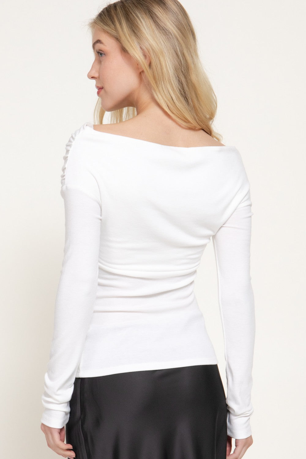 Long Slv Wrap Neckline Draped Knit Top