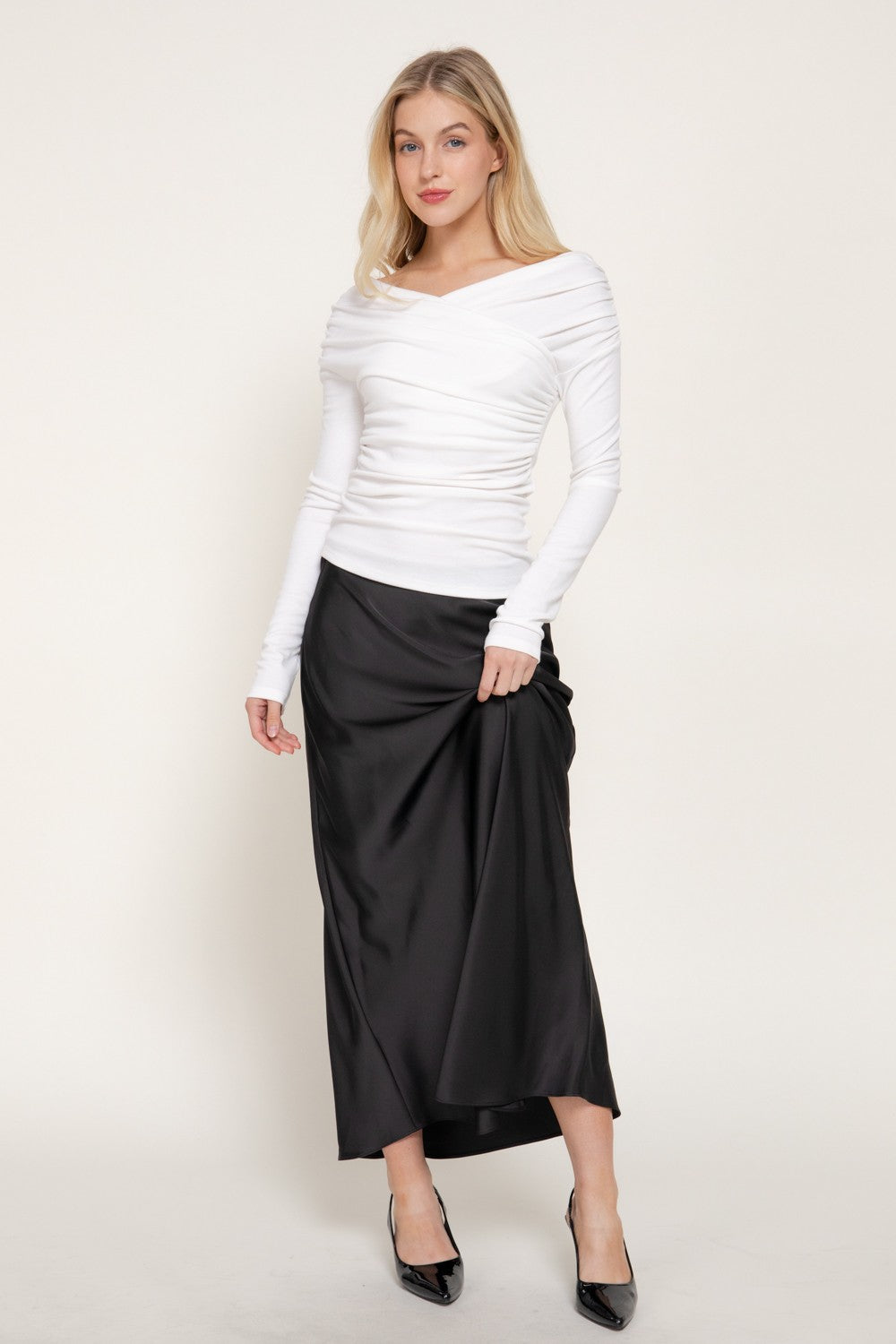 Long Slv Wrap Neckline Draped Knit Top