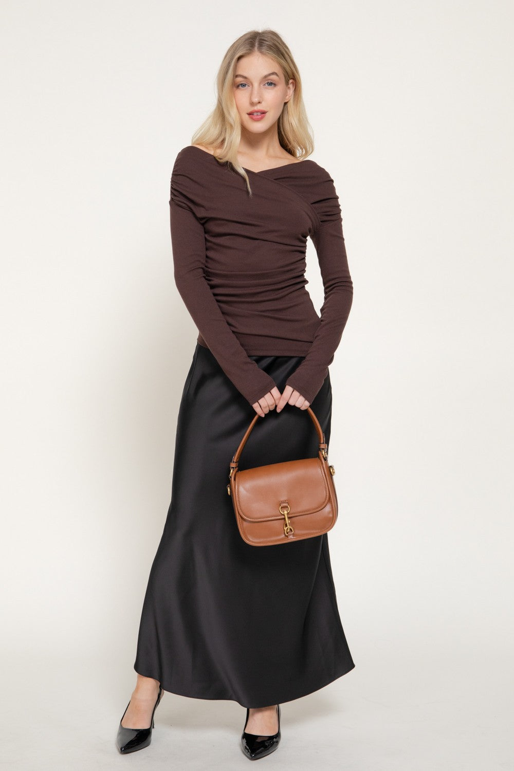 Long Slv Wrap Neckline Draped Knit Top