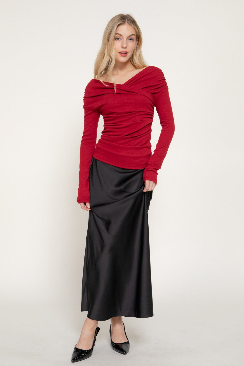 Long Slv Wrap Neckline Draped Knit Top
