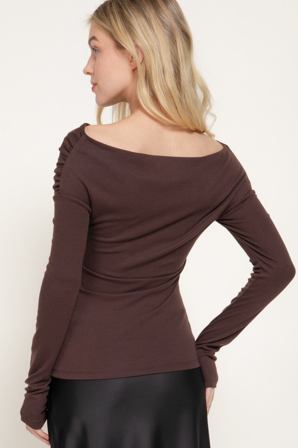 Long Slv Wrap Neckline Draped Knit Top