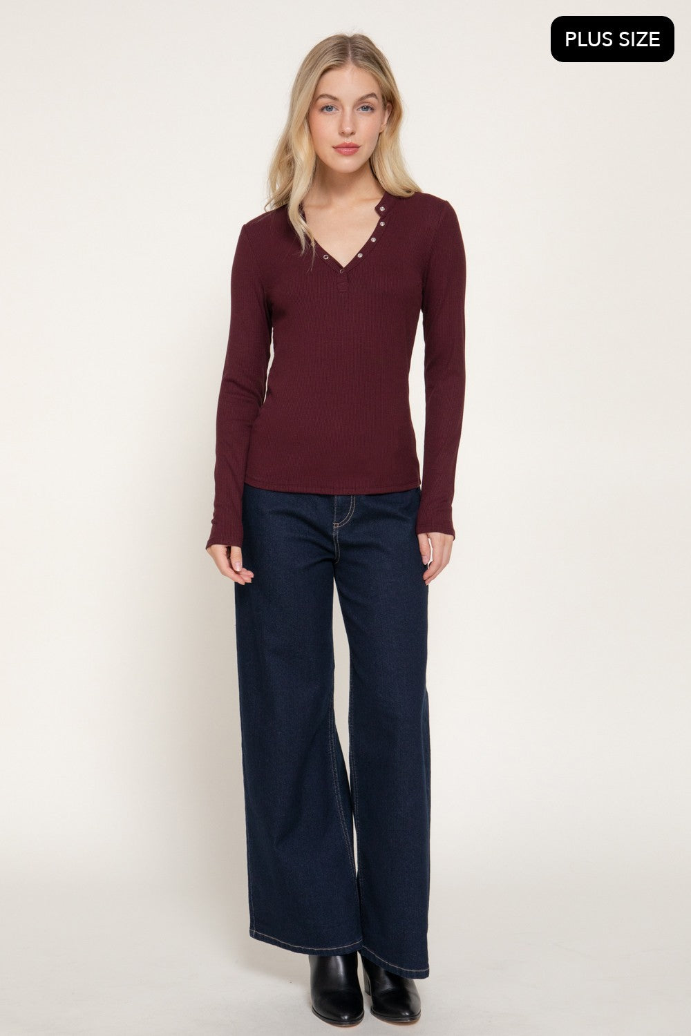 Long Slv Henley Neck Ribbed Top