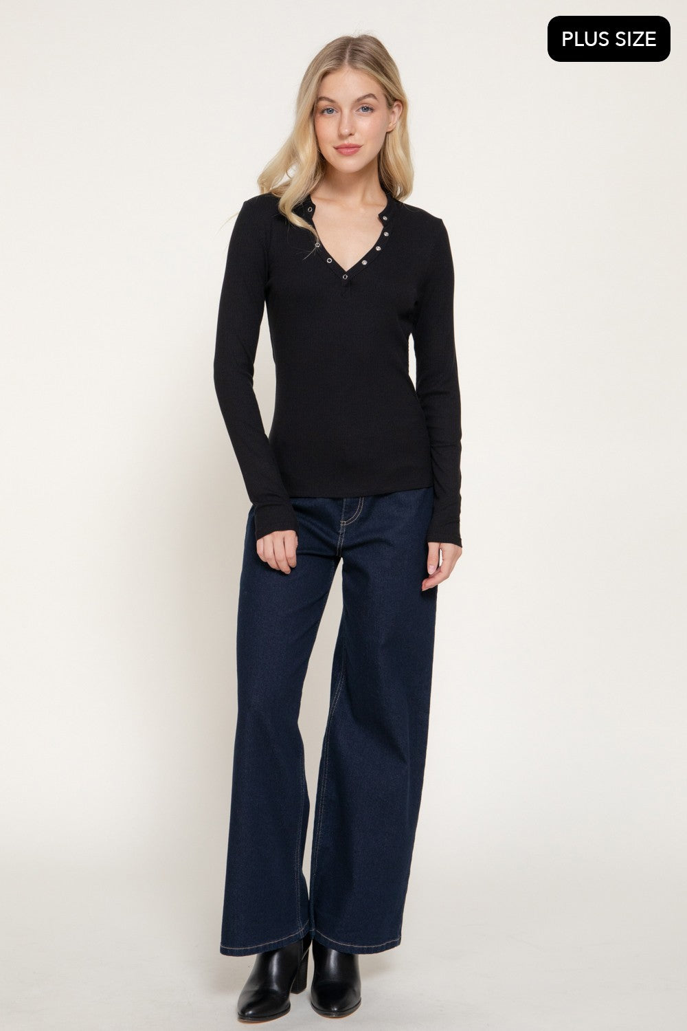 Long Slv Henley Neck Ribbed Top