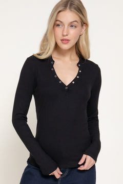 Long Slv Henley Neck Ribbed Top