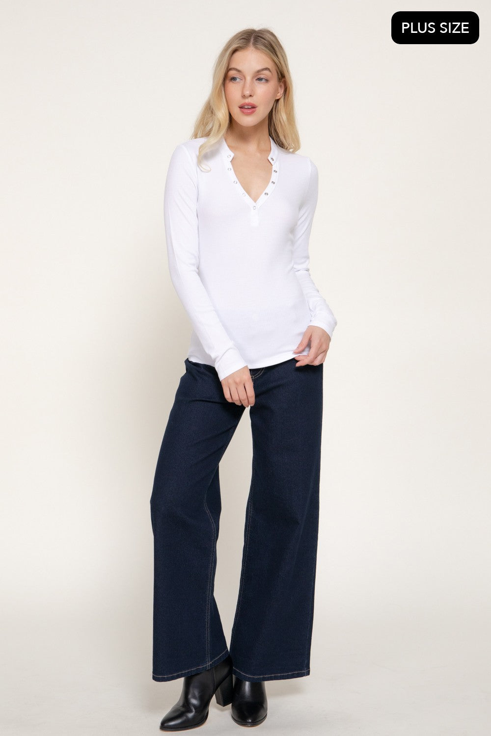Long Slv Henley Neck Ribbed Top