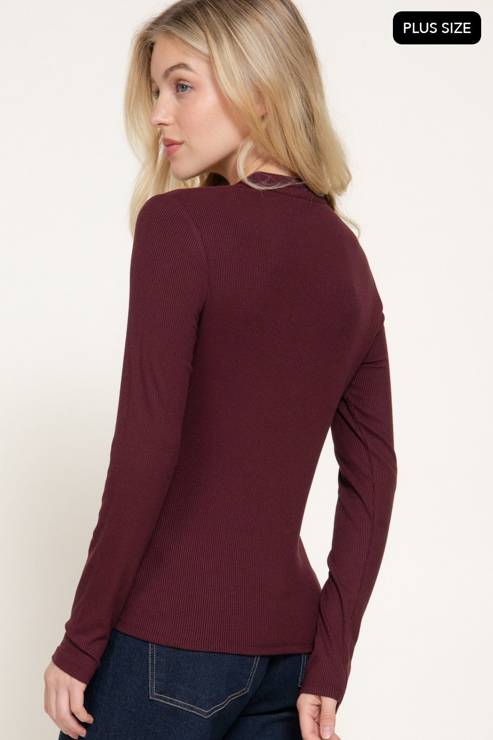Long Slv Henley Neck Ribbed Top