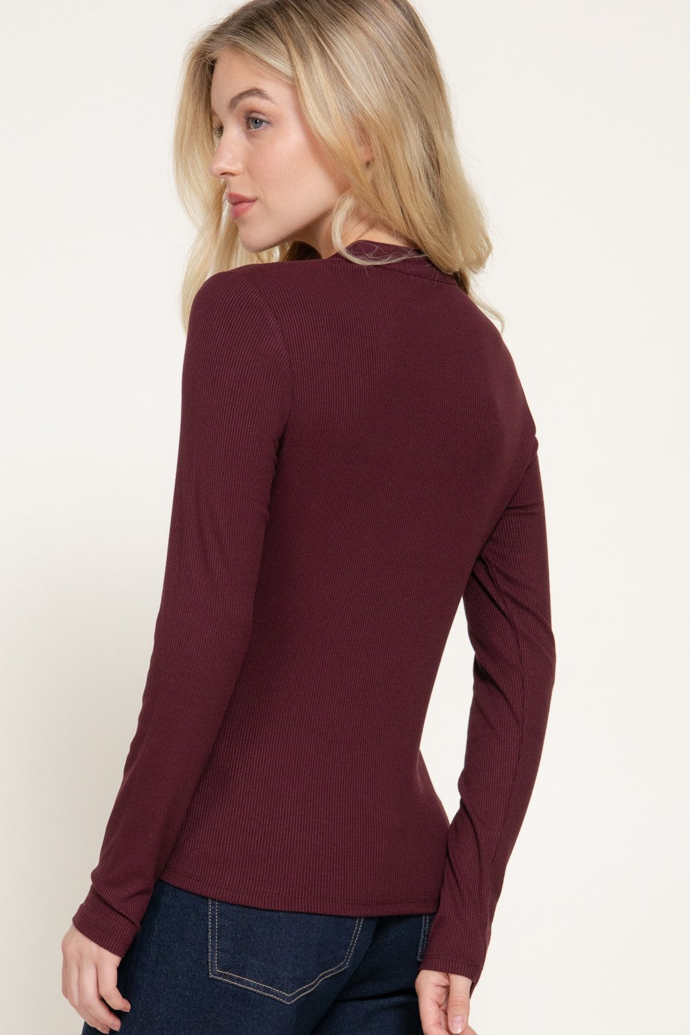 Long Slv Henley Neck Ribbed Top