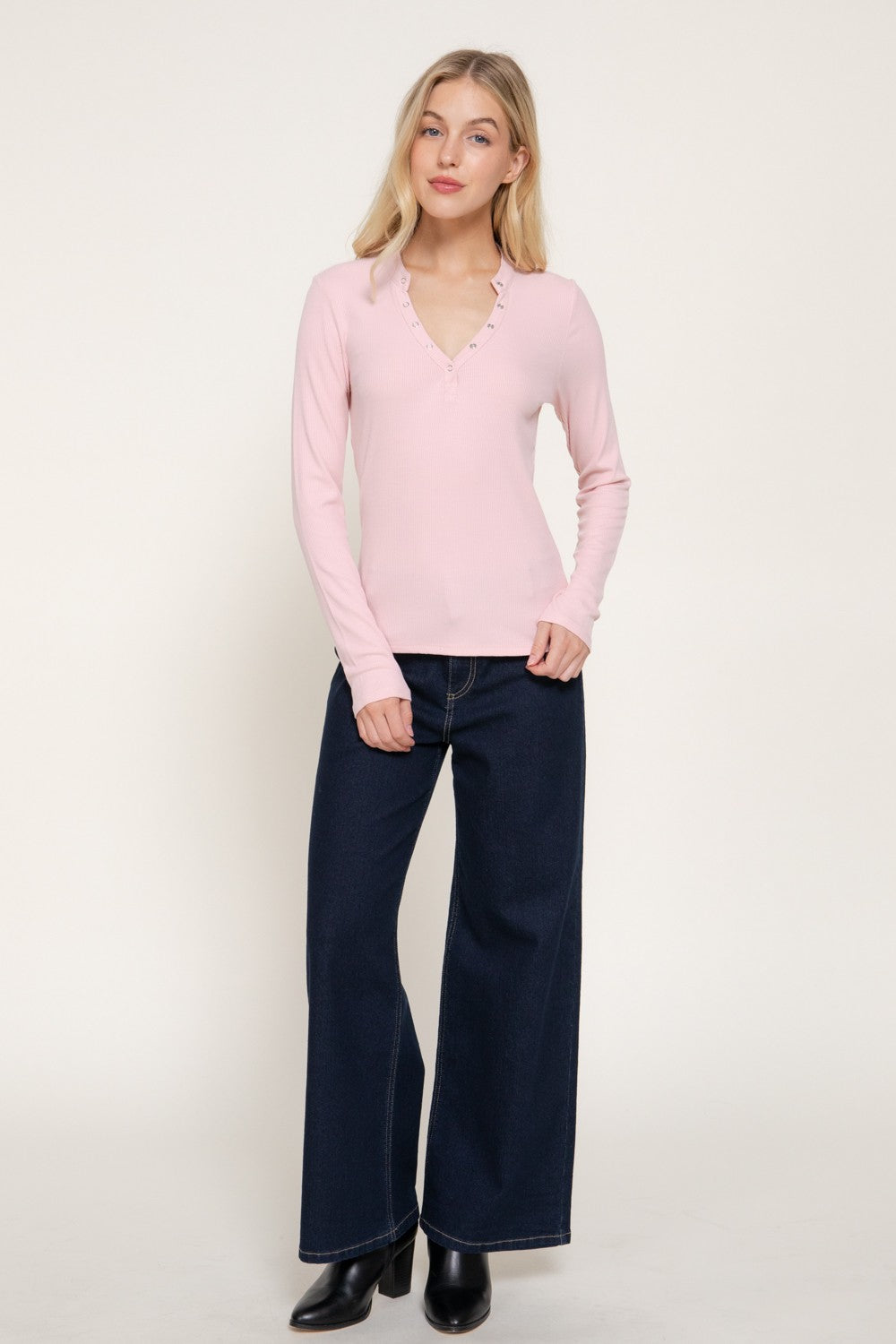 Long Slv Henley Neck Ribbed Top