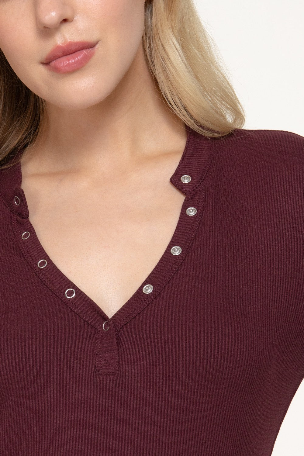 Long Slv Henley Neck Ribbed Top