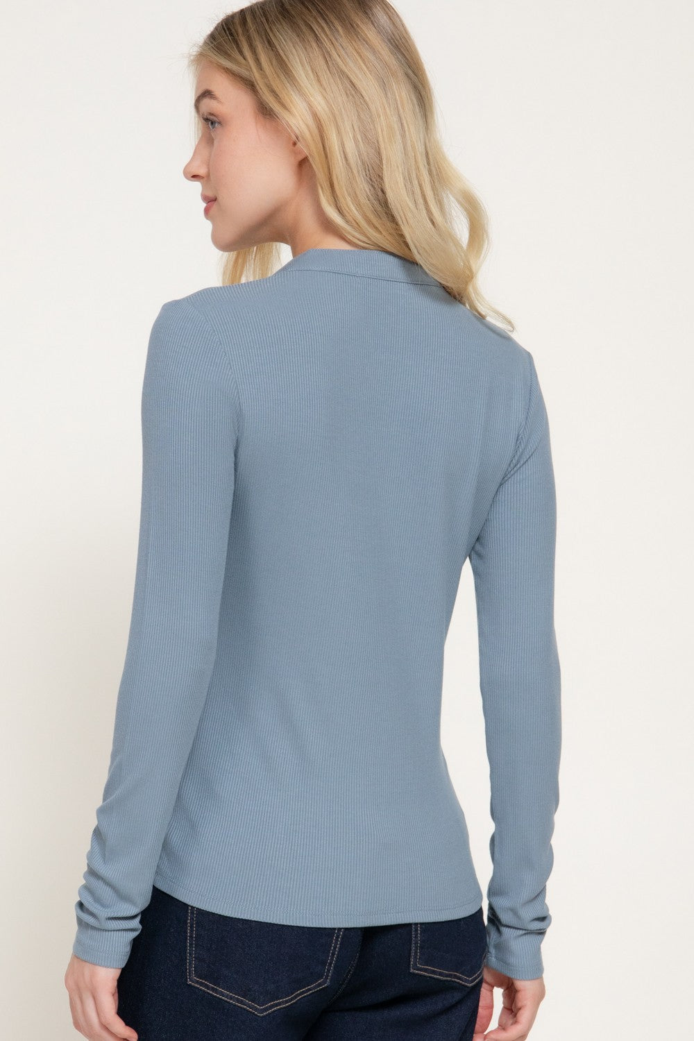 Long Slv Henley Neck Ribbed Top