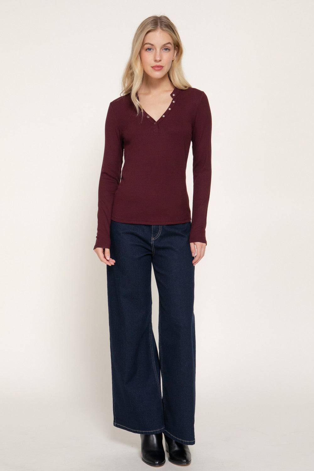 Long Slv Henley Neck Ribbed Top