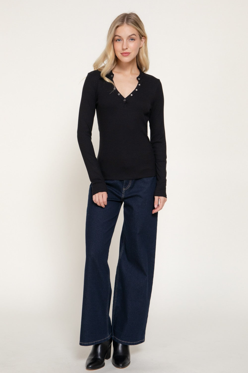Long Slv Henley Neck Ribbed Top